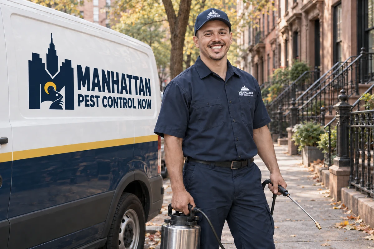 Pest-control technician beside a Manhattan Pest Control Now branded van on a brownstone street